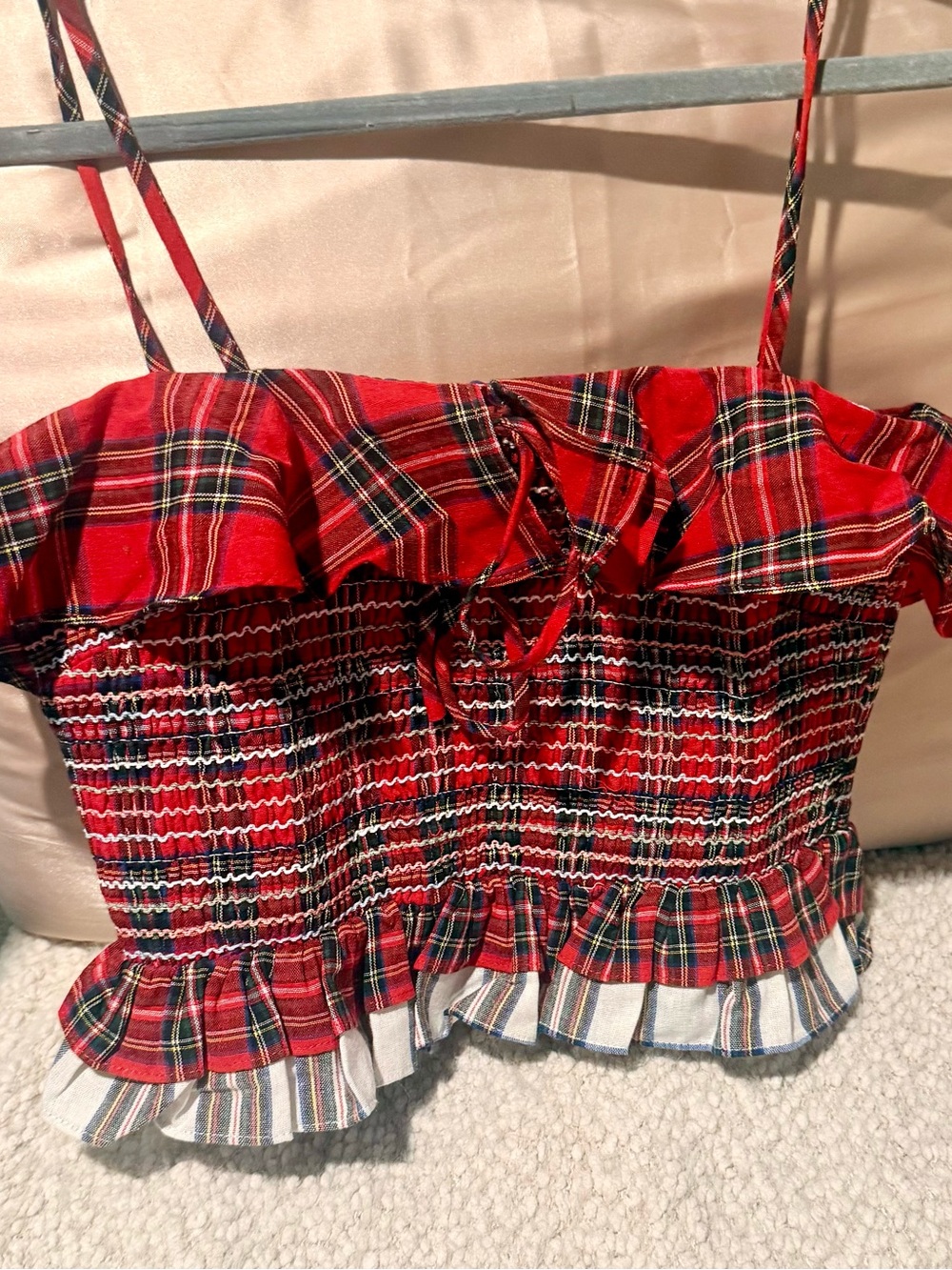 English Factory Red Plaid Smocked Ruffle Cami
